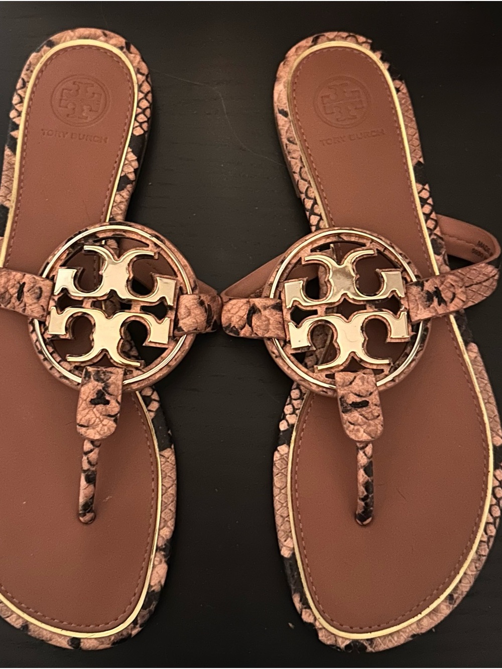 Tory Burch Blush Snakeskin-Print Logo Thong Sandals with Gold Medallion